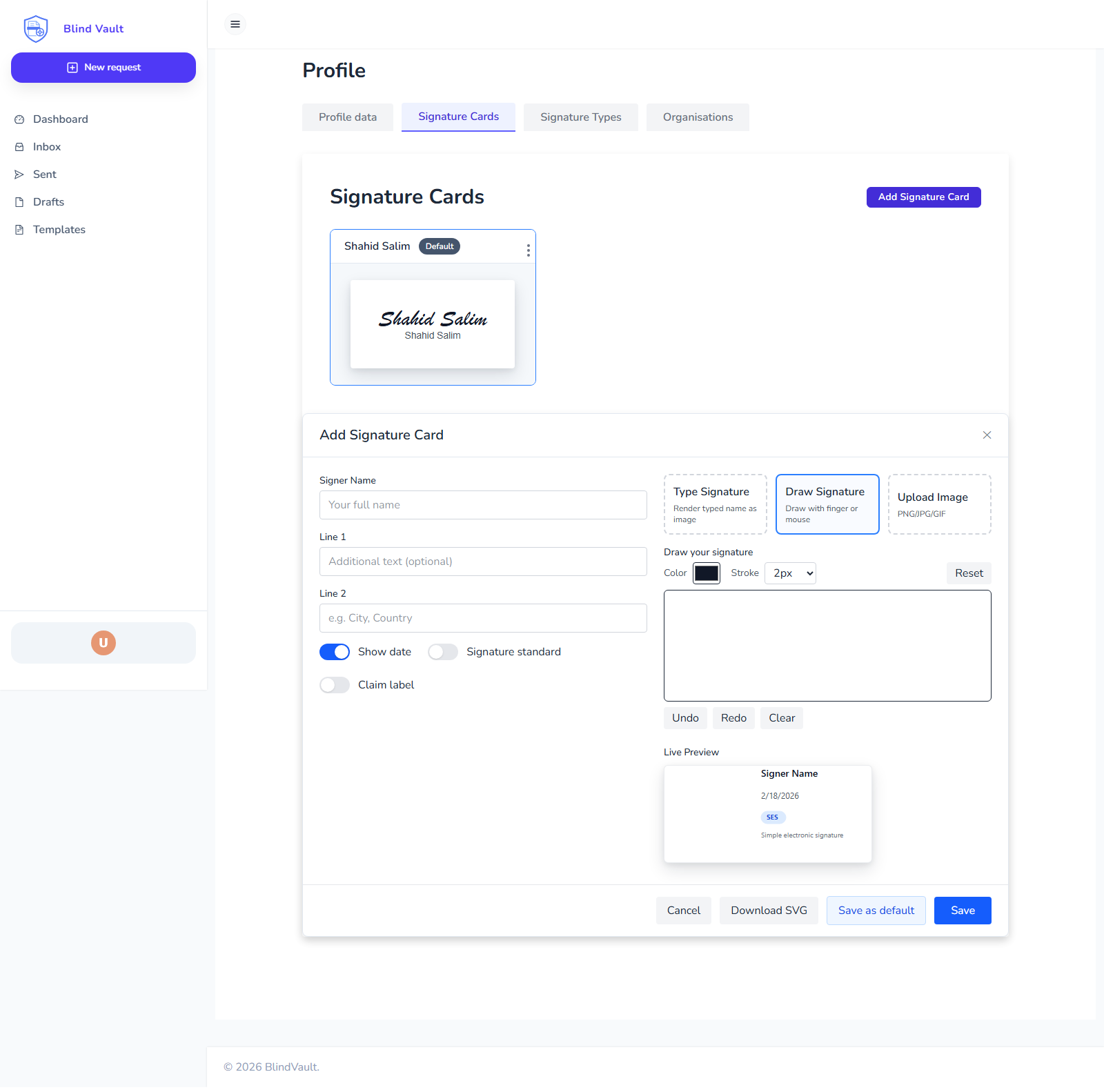 Add signature card modal